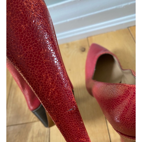 Halston Heritage Red Platform Stilettos Snakeskin Textured Heels - Picture 12 of 13